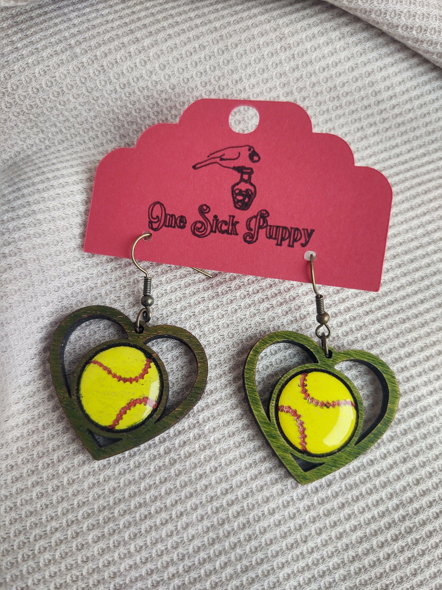 Wooden Baseball and Softball Heart Dangle Earrings