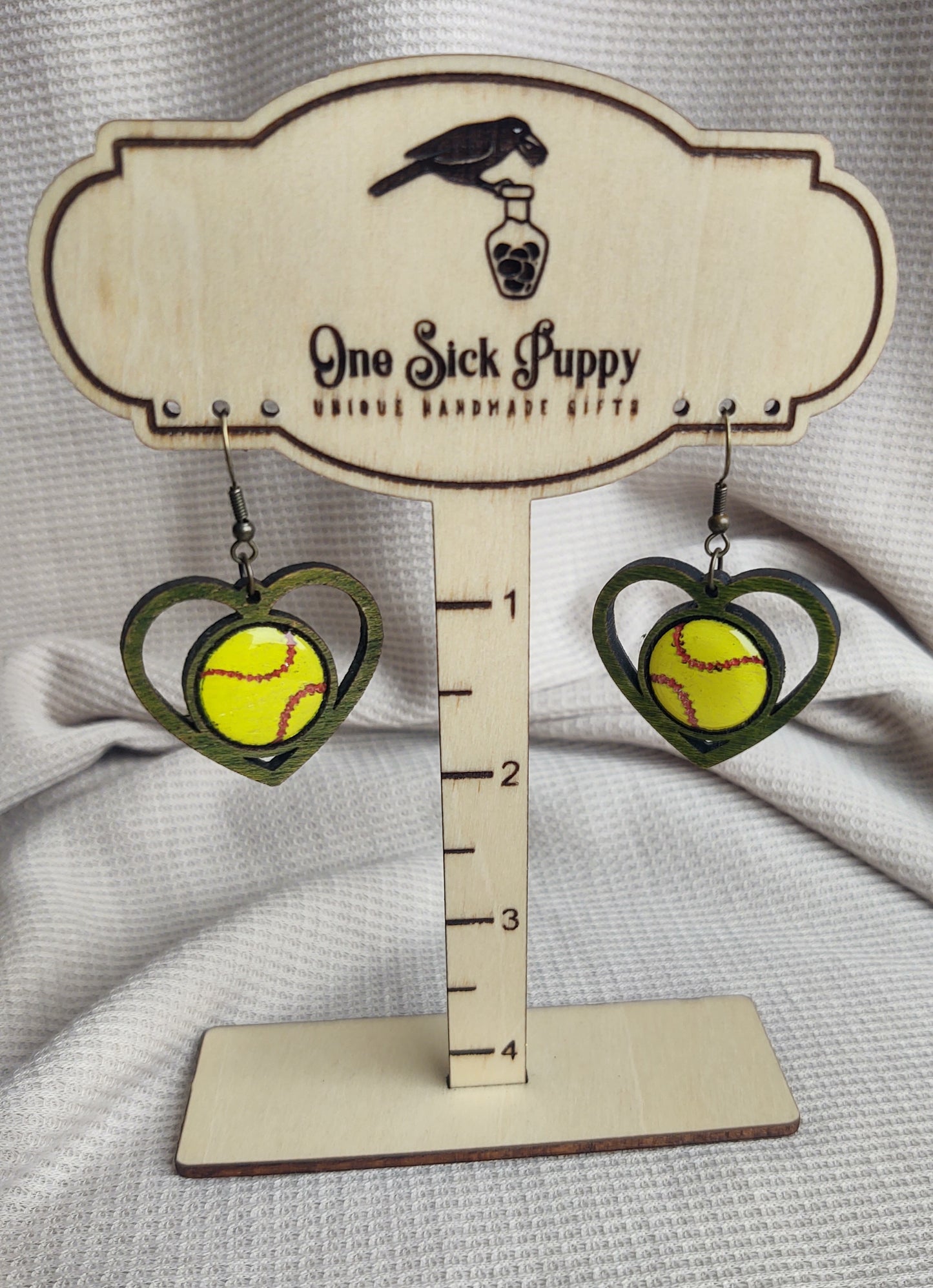 Wooden Baseball and Softball Heart Dangle Earrings
