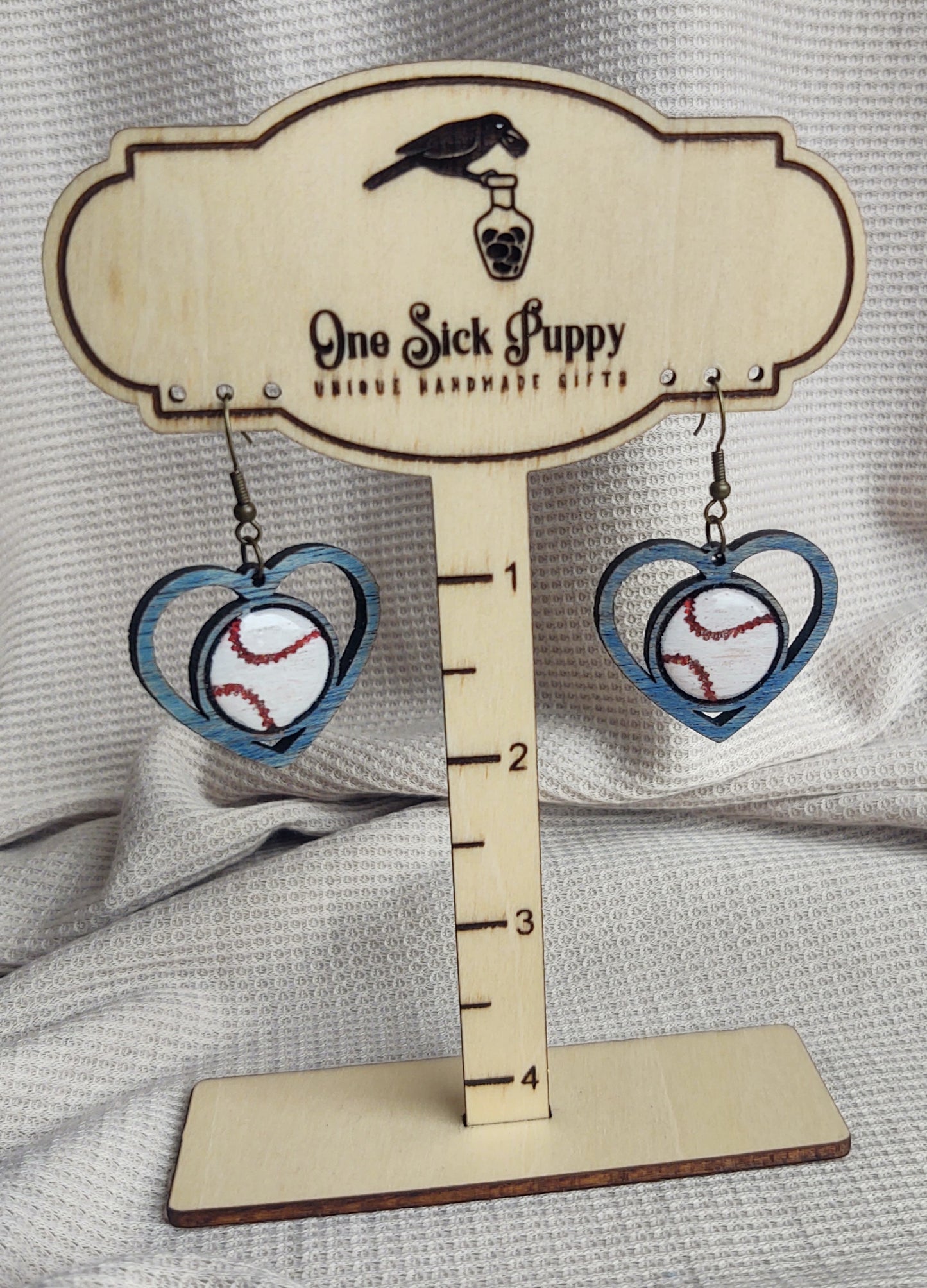 Wooden Baseball and Softball Heart Dangle Earrings