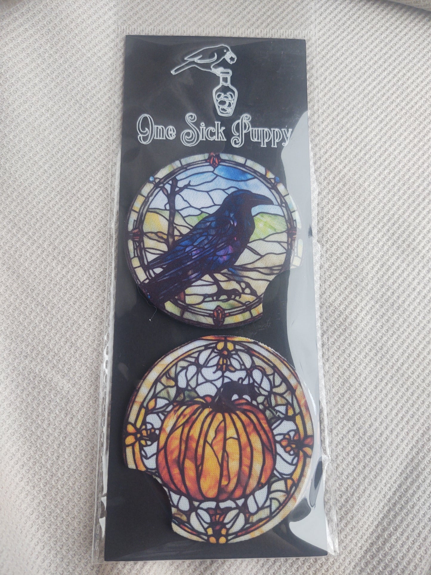 Stained Glass Crow and Pumpkin Car Coaster Set