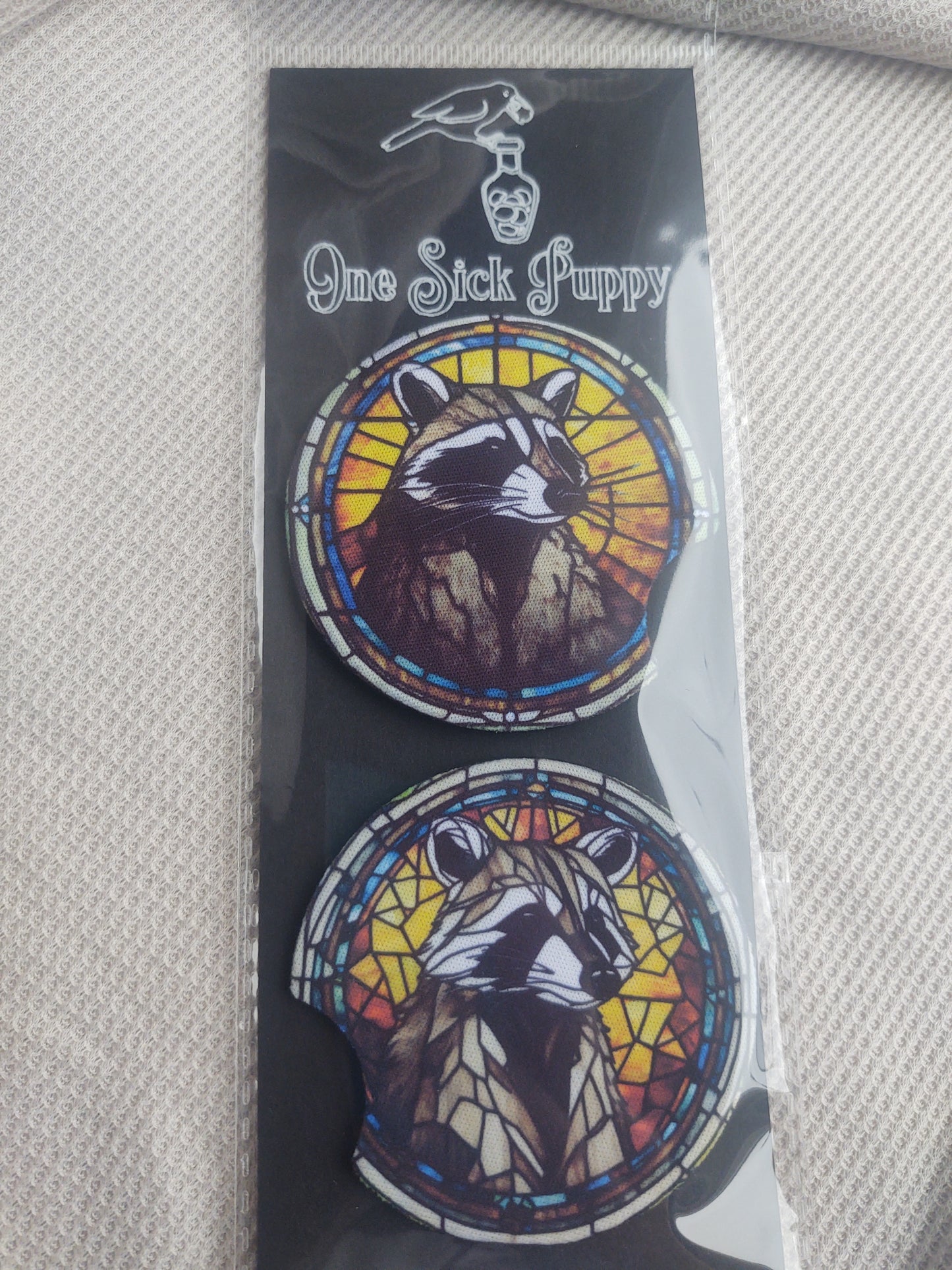 Stained Glass Racoon Car Coaster Set