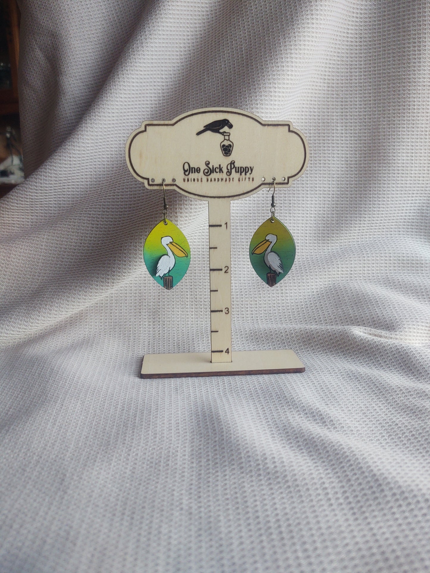 Wood Pelican Dangle Earrings