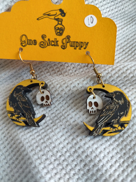 Crescent Moon Crow Earrings