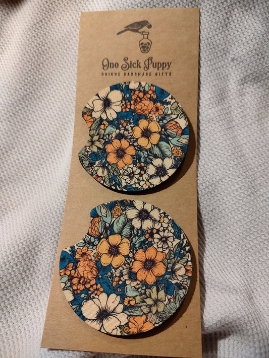 Olive and Teal Floral Car Coasters Set