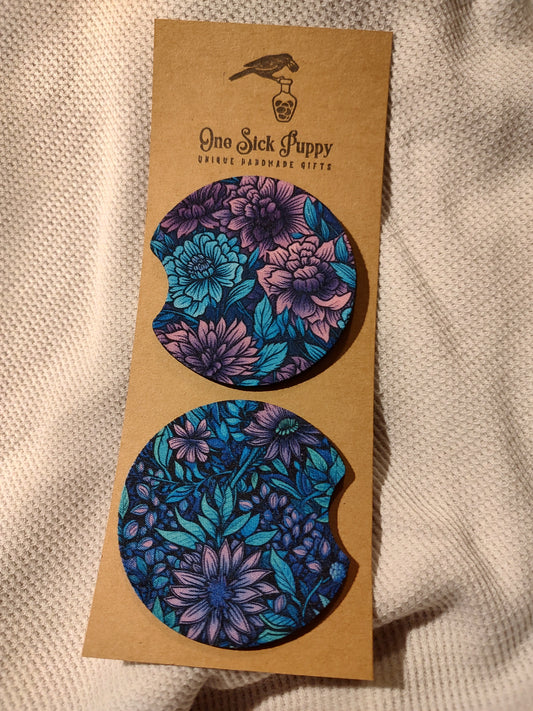 Purple and Teal Floral Car Coasters Set