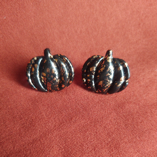 Large Black and Gold Crackle Pumpkin Studs