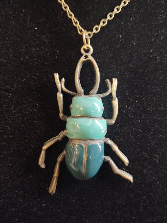 Teal and Bronze Beetle Necklace