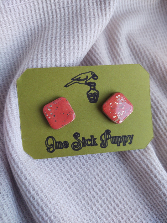 Red and Gold Square Crackle Studs