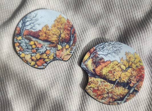 Pen and Ink Watercolor Fall Car Coaster Set