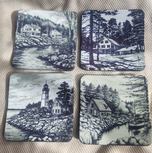 Black and White Landscape Coaster Set