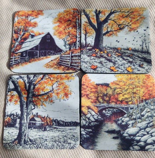 Pen and Ink Fall Farm Coaster Set