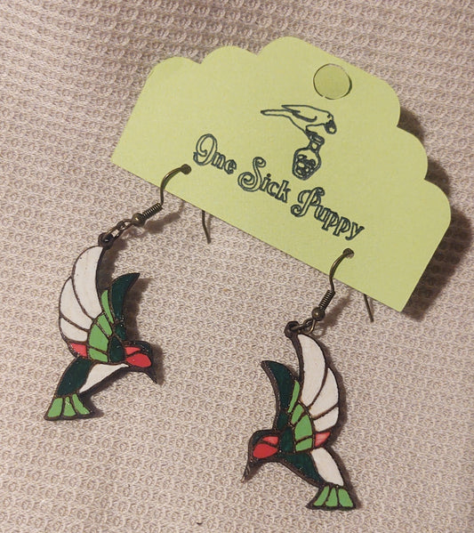Stained Glass Hummingbird Wood Earrings
