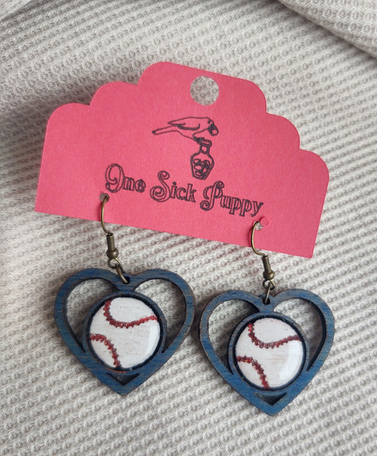 Wooden Baseball and Softball Heart Dangle Earrings