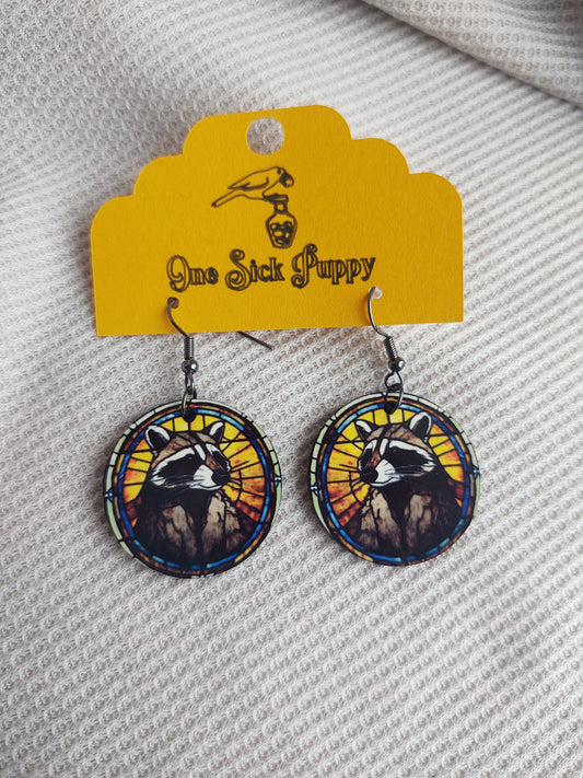 Stained Glass Racoon Pendent Earrings
