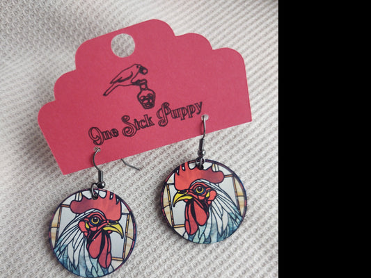 Stained Glass Rooster Pendent Earrings