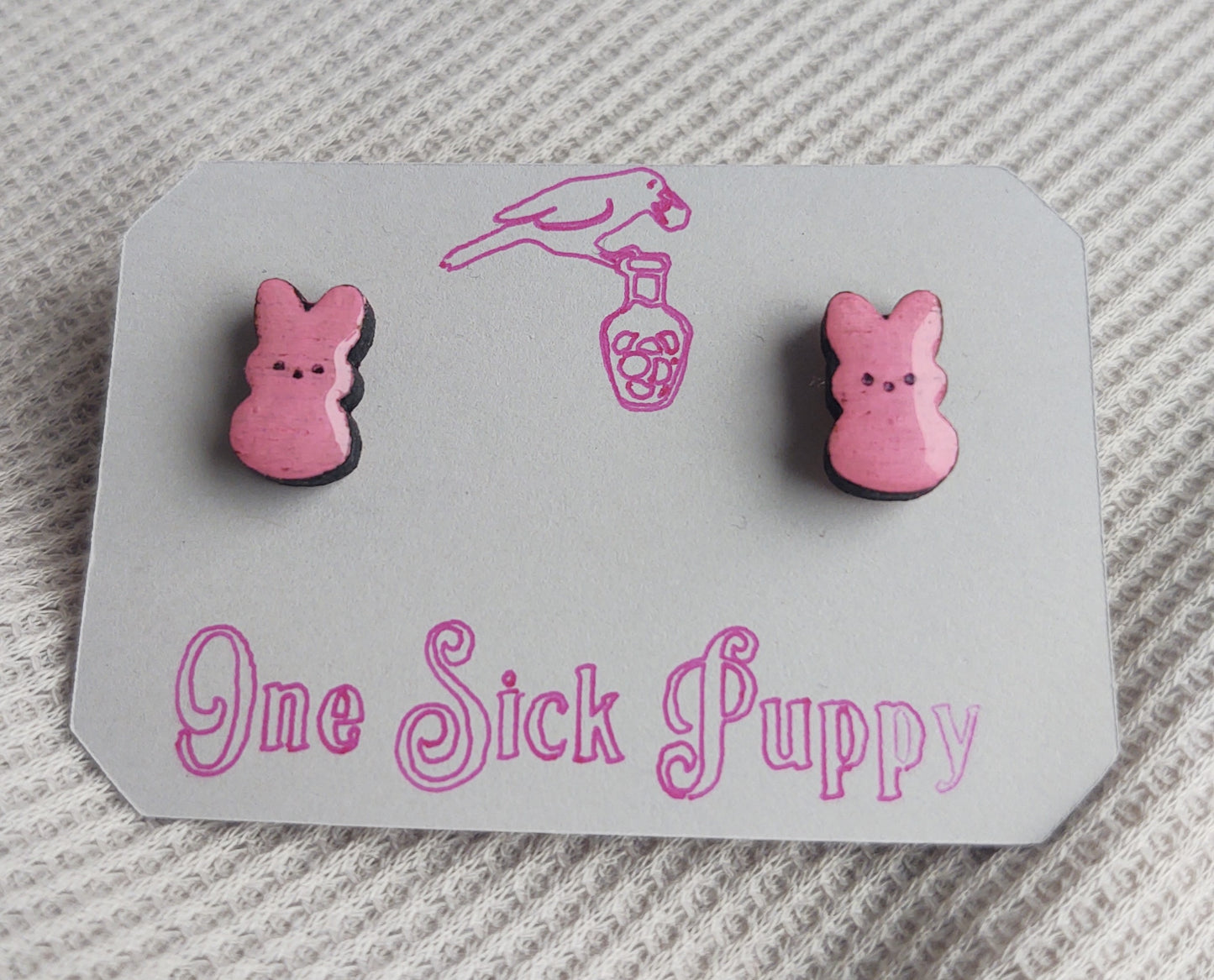 Wooden Marshmallow Bunny Stud Earrings