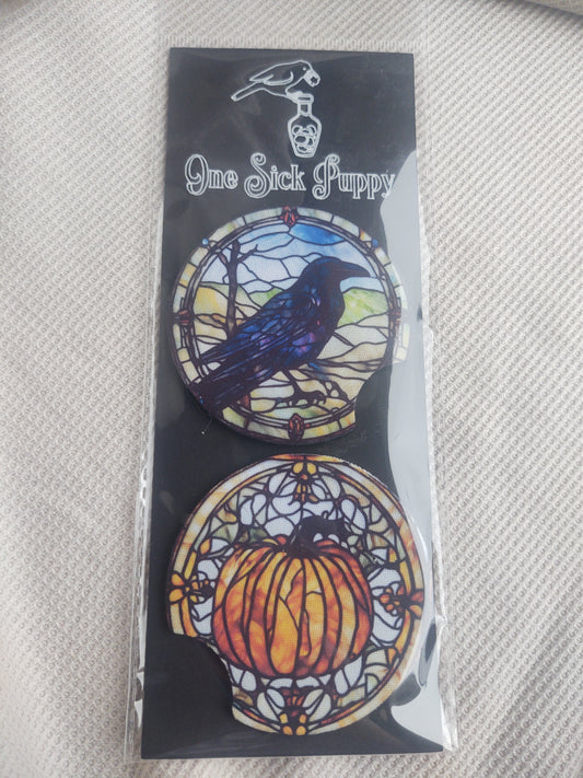 Stained Glass Crow and Pumpkin Car Coaster Set