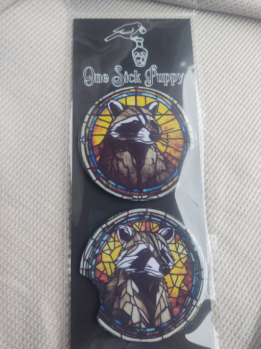 Stained Glass Racoon Car Coaster Set