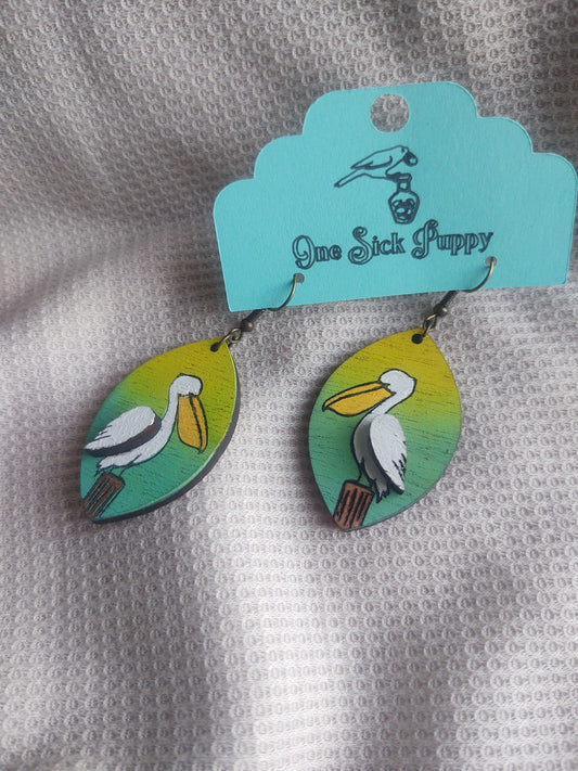 Wood Pelican Dangle Earrings