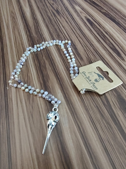 Silver Crow Skull Beaded Necklace