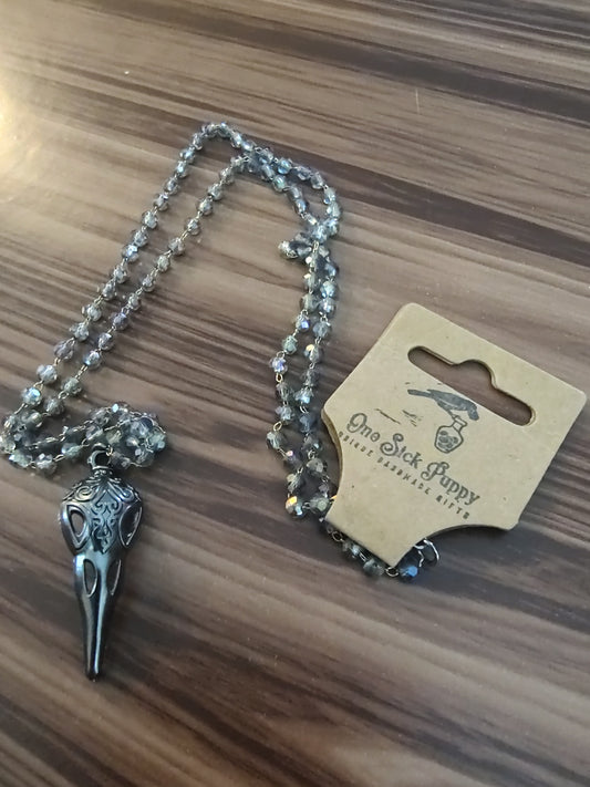 Gun Metal Raven Skull Beaded Necklace